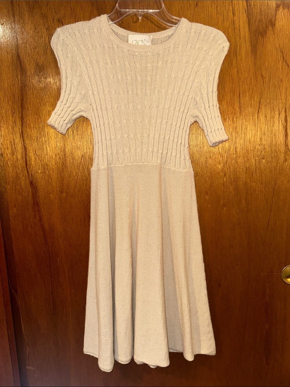 Cache Cream Knit Fit-and-Flare Short Sleeve Dress
